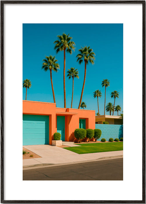 Estampa botânica Palm House com palmeiras e fachada coral – Black Frame