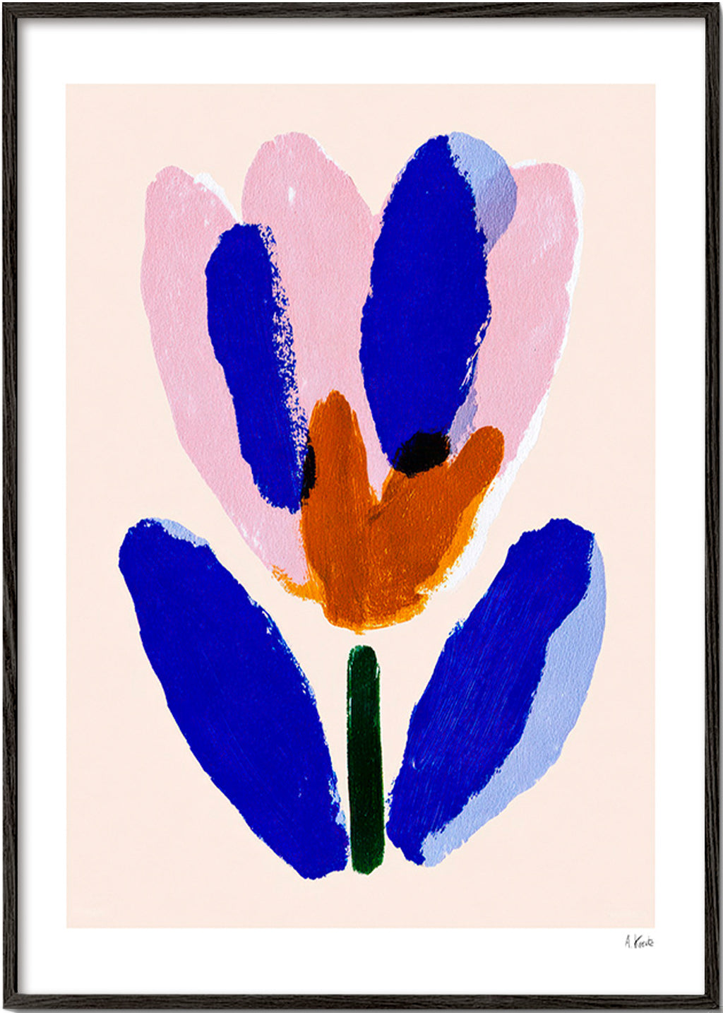 Estampa botânica flor pictórica azul e rosa – Black Frame