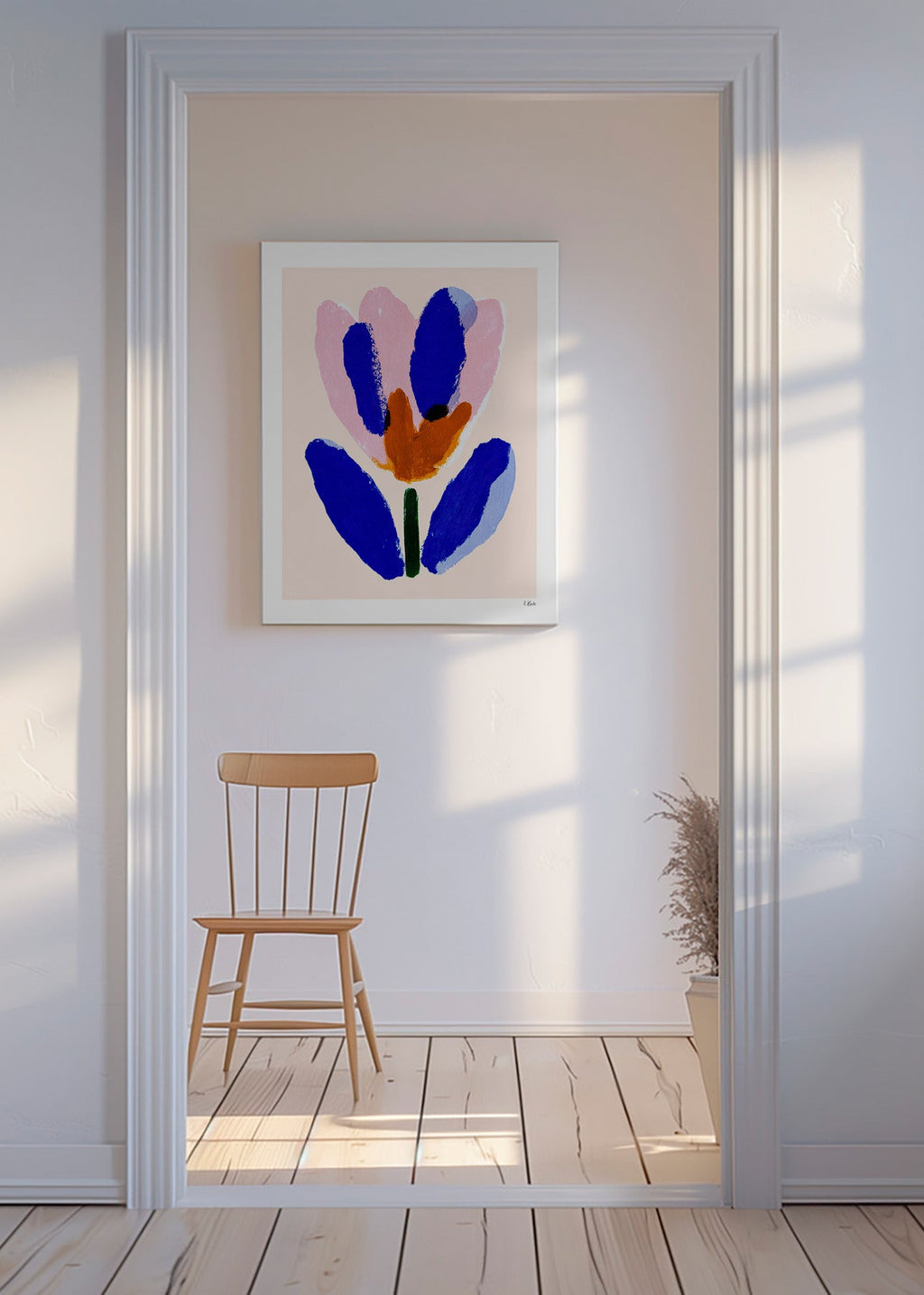 Estampa botânica flor pictórica azul e rosa – Canvas