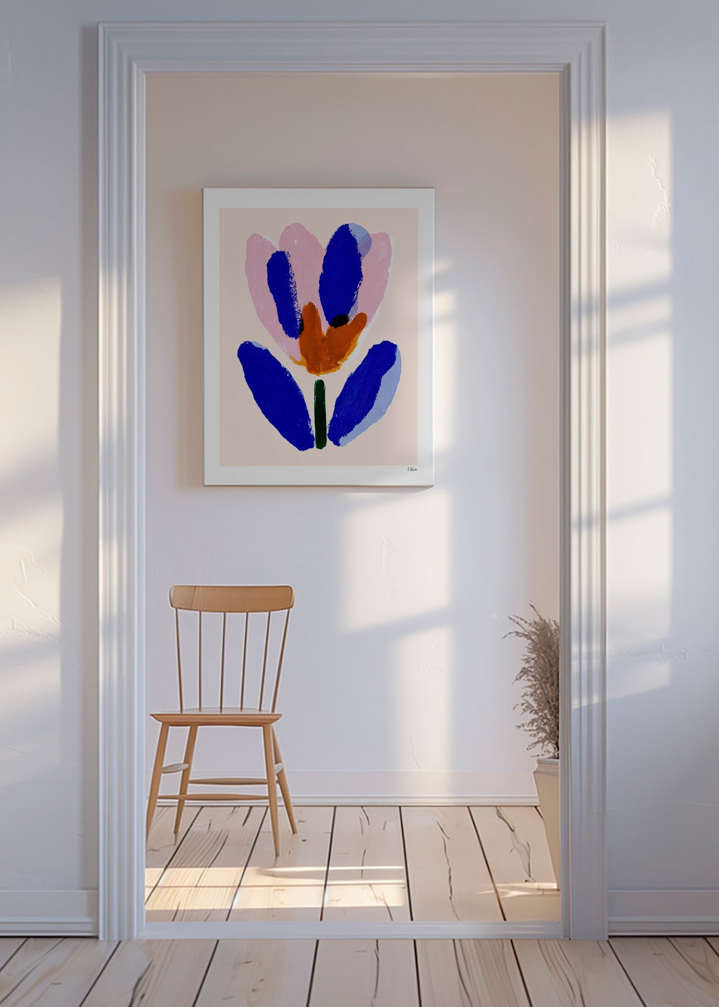 Estampa botânica flor pictórica azul e rosa – Canvas