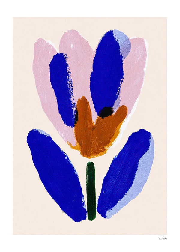 Estampa botânica flor pictórica azul e rosa