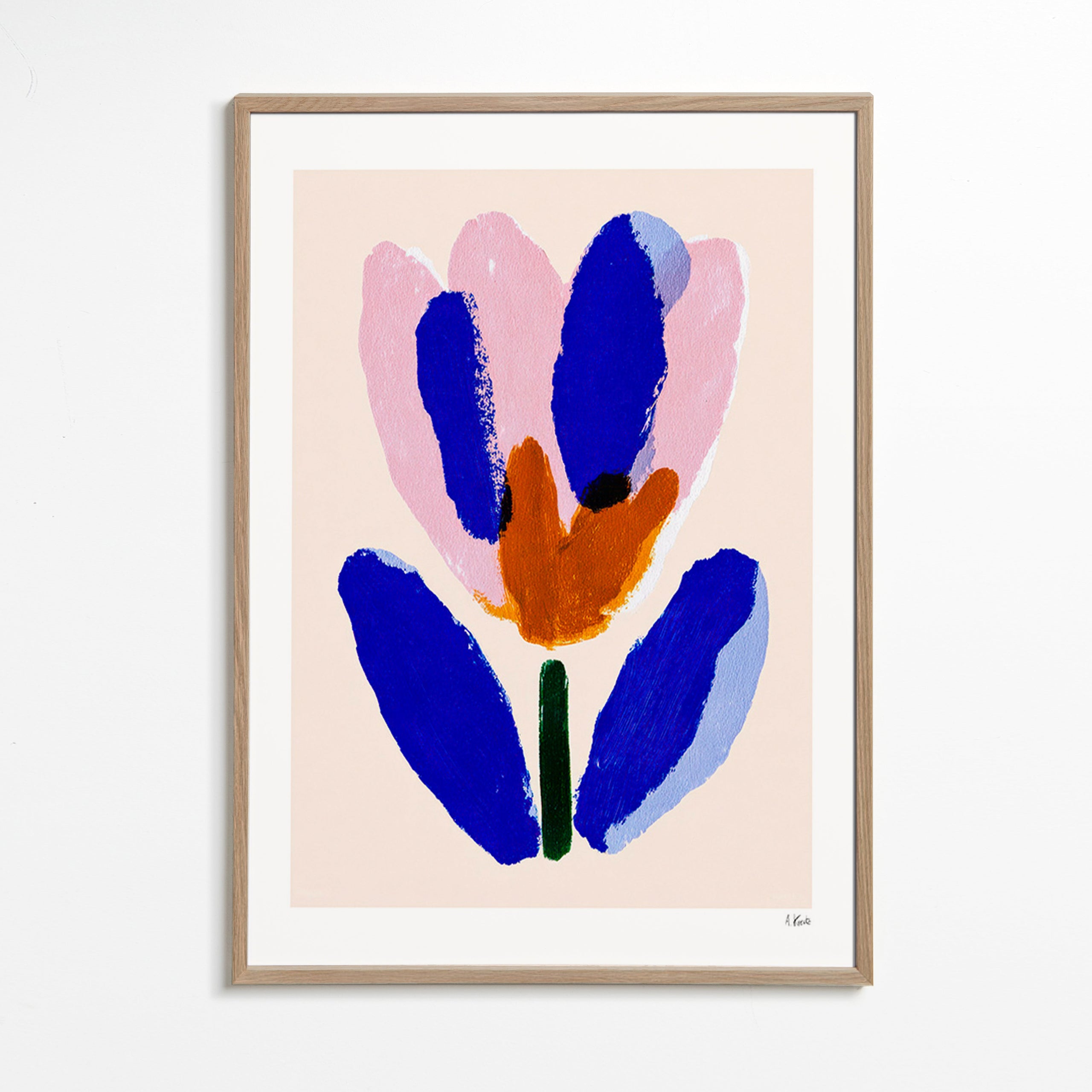 Estampa botânica flor pictórica azul e rosa – Oak Frame