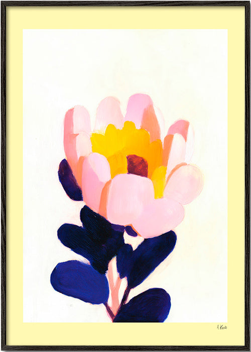Estampa botânica: flor rosa com folhas azul profundo – Black Frame
