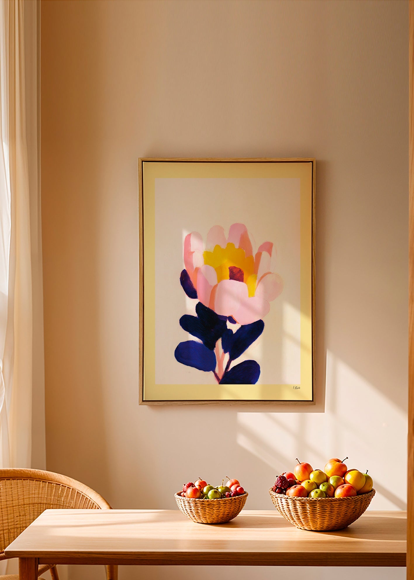 Estampa botânica: flor rosa com folhas azul profundo – Canvas1