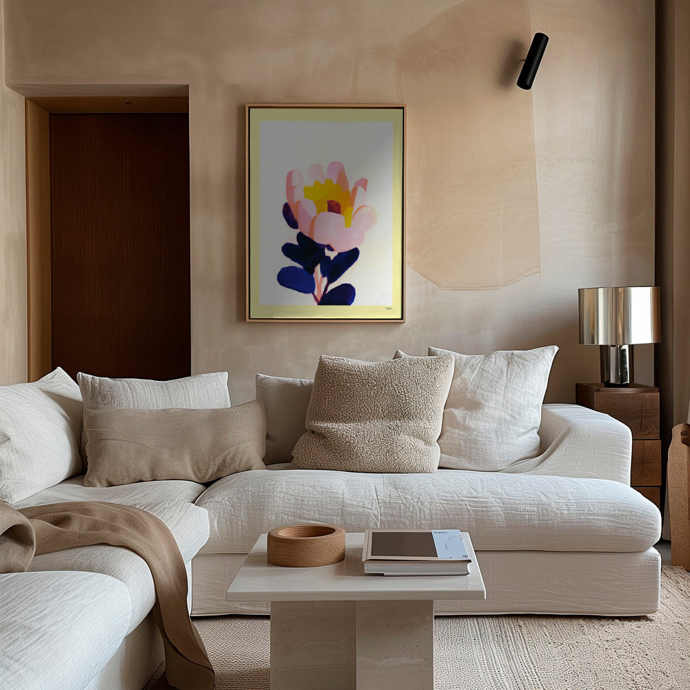 Estampa botânica: flor rosa com folhas azul profundo – Canvas2