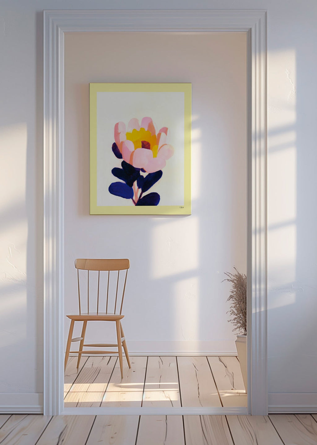 Estampa botânica: flor rosa com folhas azul profundo – Canvas
