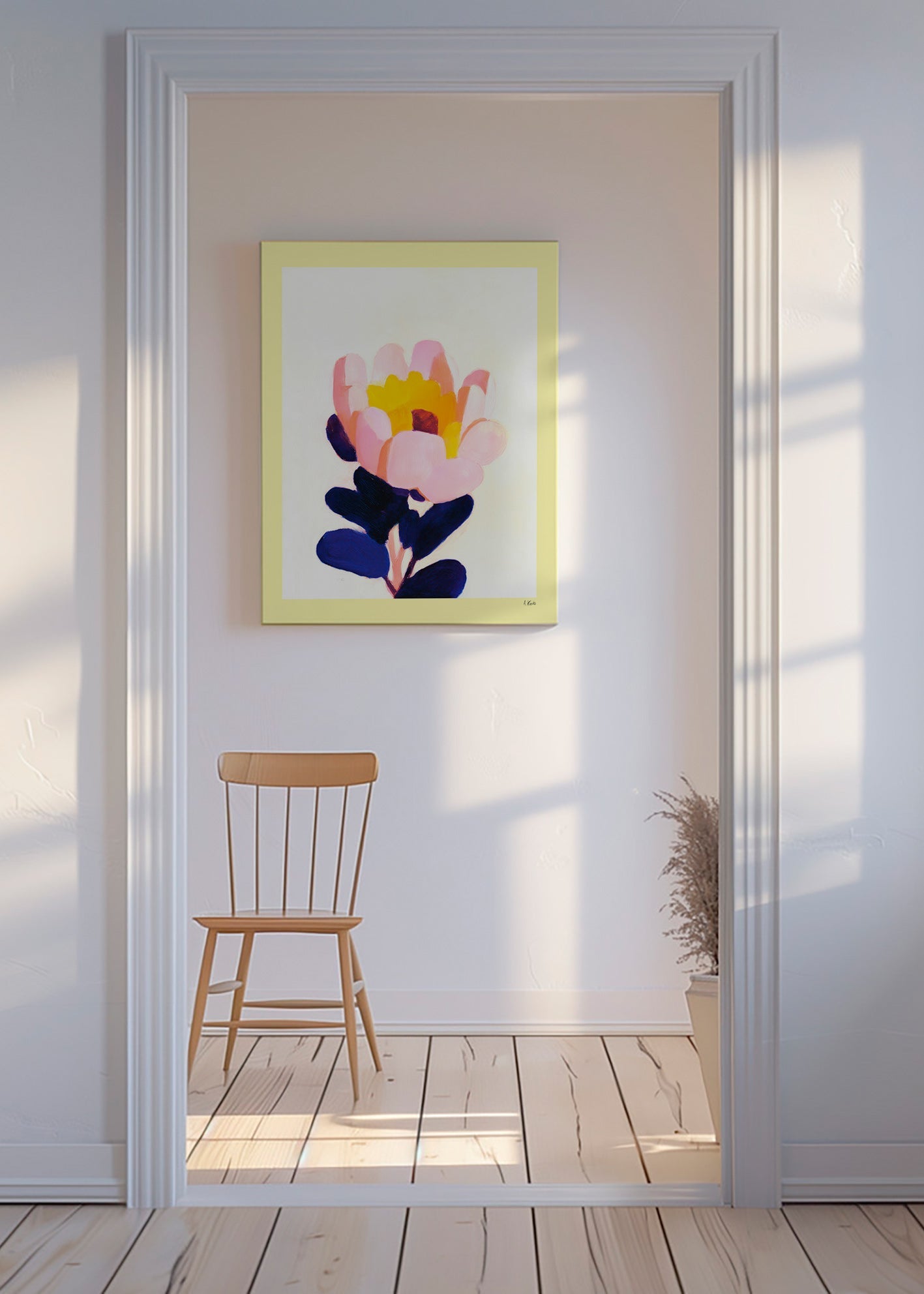 Estampa botânica: flor rosa com folhas azul profundo – Canvas