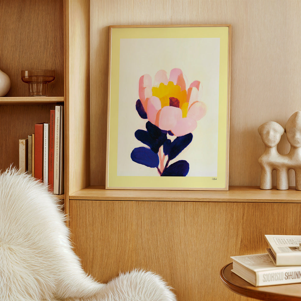 Estampa botânica: flor rosa com folhas azul profundo – Product1