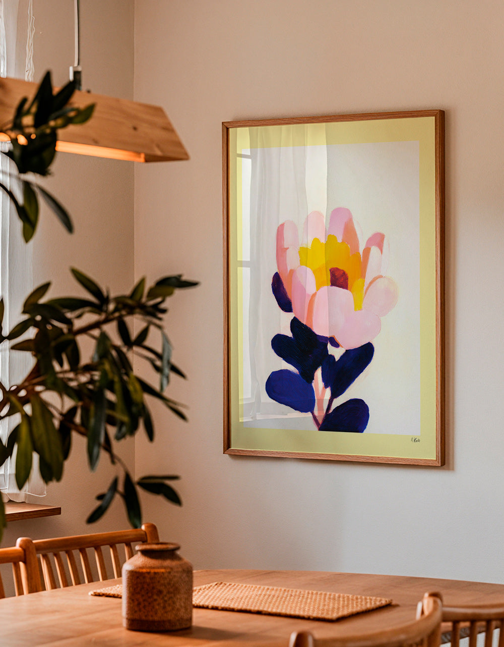 Estampa botânica: flor rosa com folhas azul profundo – Product3