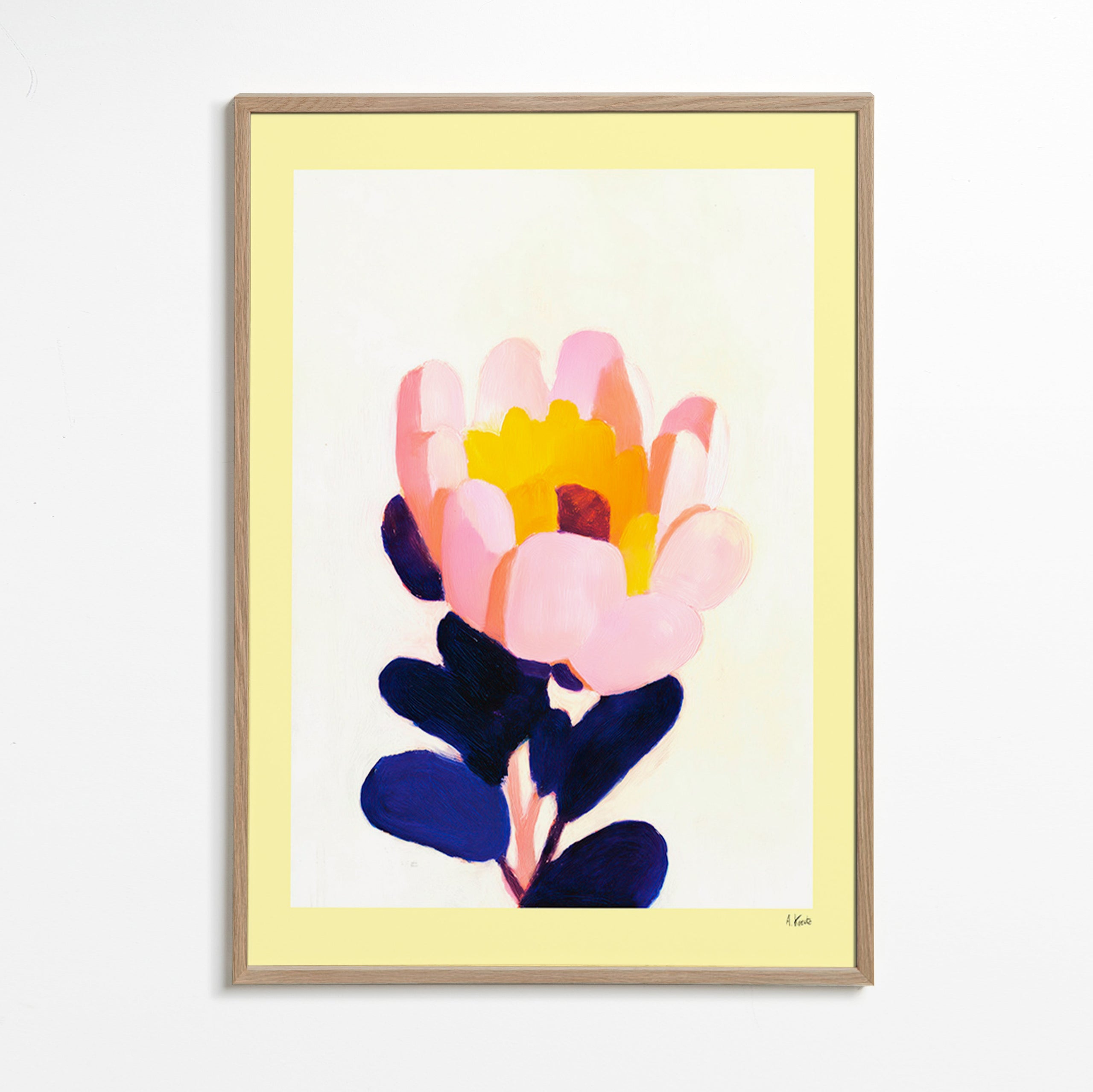 Estampa botânica: flor rosa com folhas azul profundo – Oak Frame