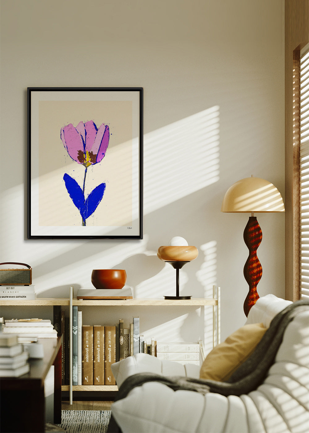 Estampa botânica com flor violeta e folha azul – Canvas2
