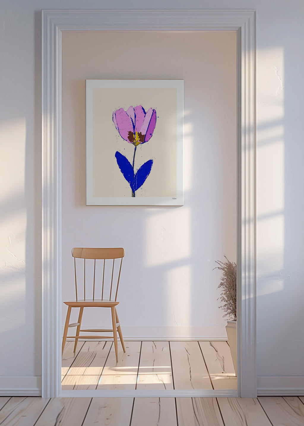 Estampa botânica com flor violeta e folha azul – Canvas