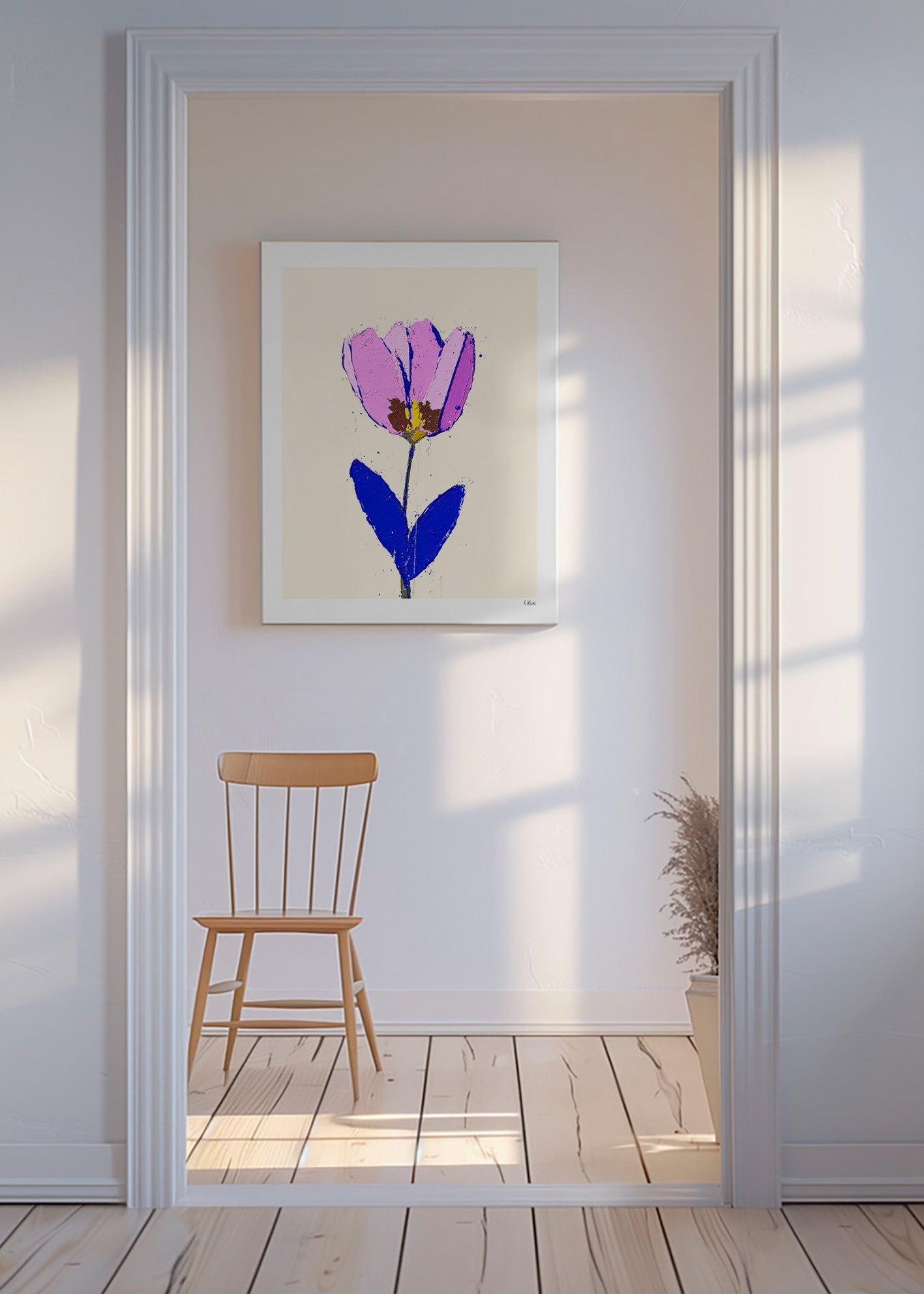 Estampa botânica com flor violeta e folha azul – Canvas
