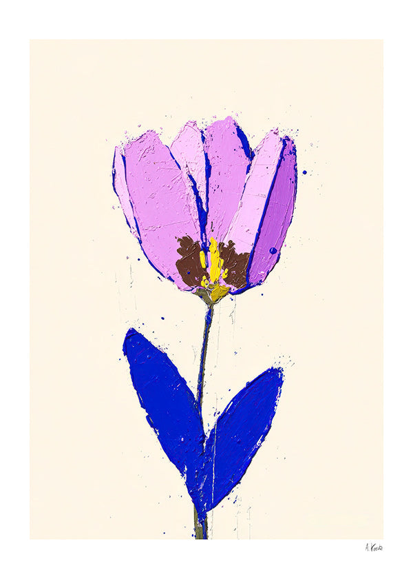 Estampa botânica com flor violeta e folha azul
