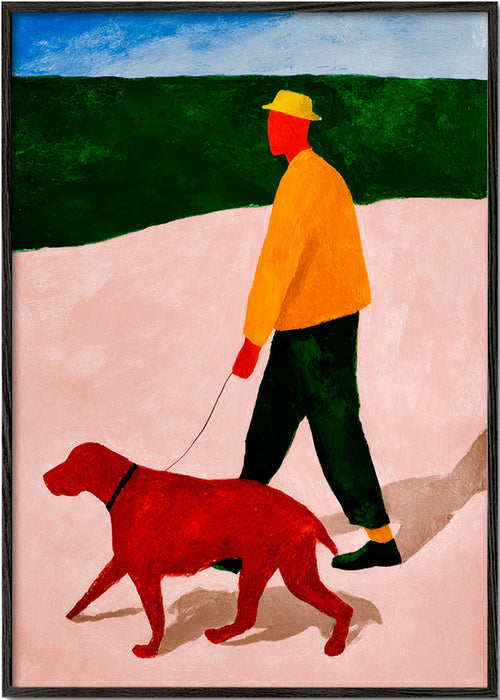Quadro passeio com cão vermelho – Black Frame
