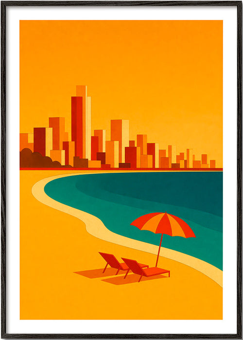 Arte para cozinha: praia retro com guarda-sol – Black Frame