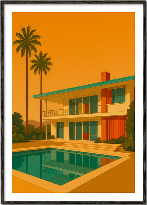 Cuadro villa moderna con piscina en hora dorada – Black Frame