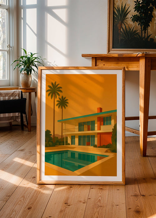 Quadro vila moderna com piscina na hora dourada – Product1