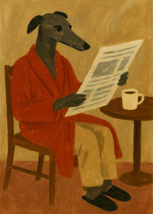Quadro de cão lendo jornal com robe vermelho