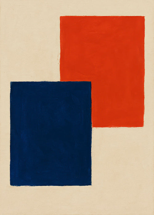 Quadro abstrato: retângulos sobrepostos vermelho e azul