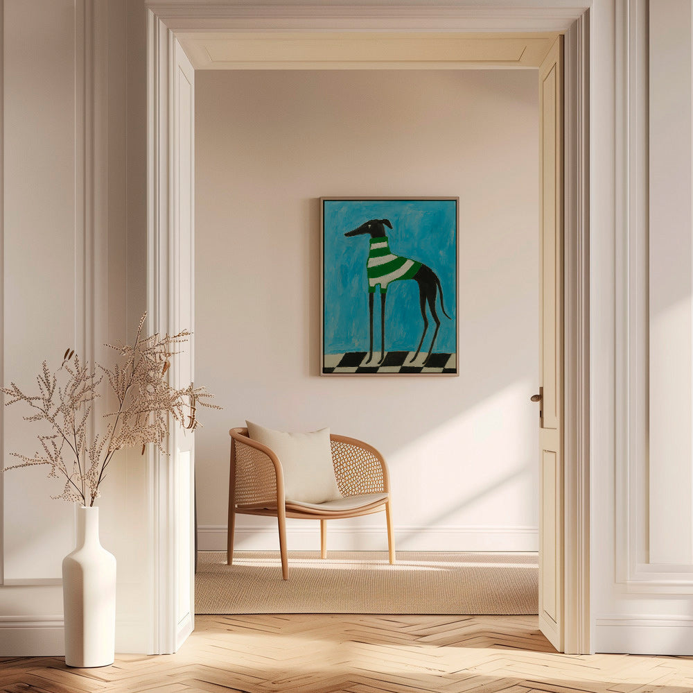 Cuadro perro estilizado con jersey a rayas verdes – Canvas2