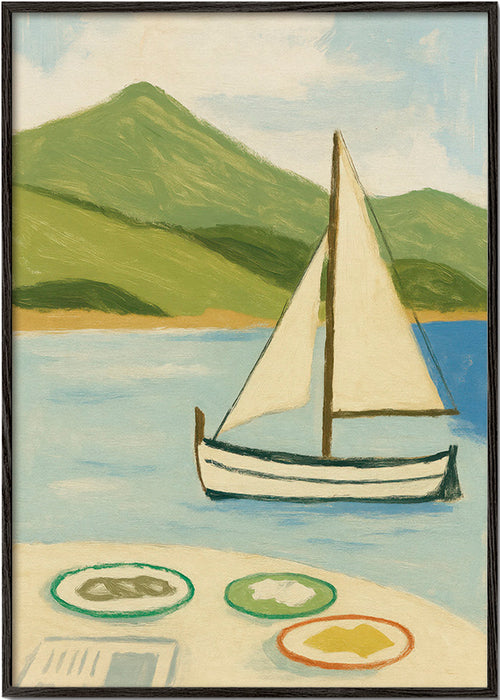 Quadro de paisagem com vela no lago – Black Frame