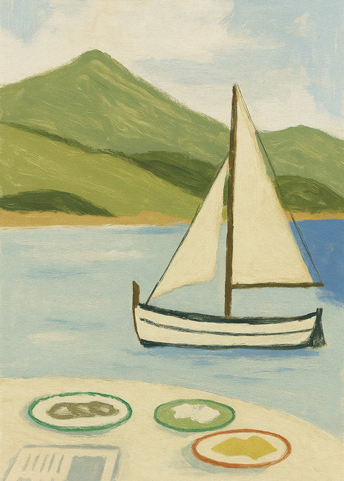 Quadro de paisagem com vela no lago