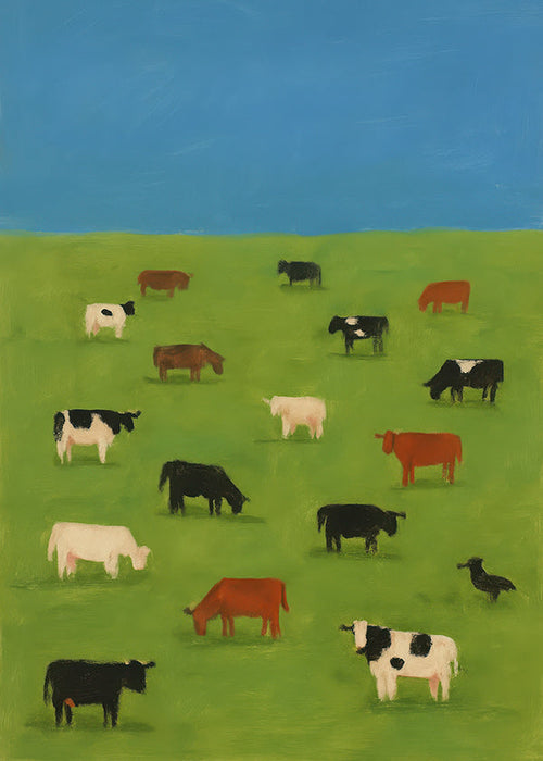 Quadro de vacas pastando em campo verde