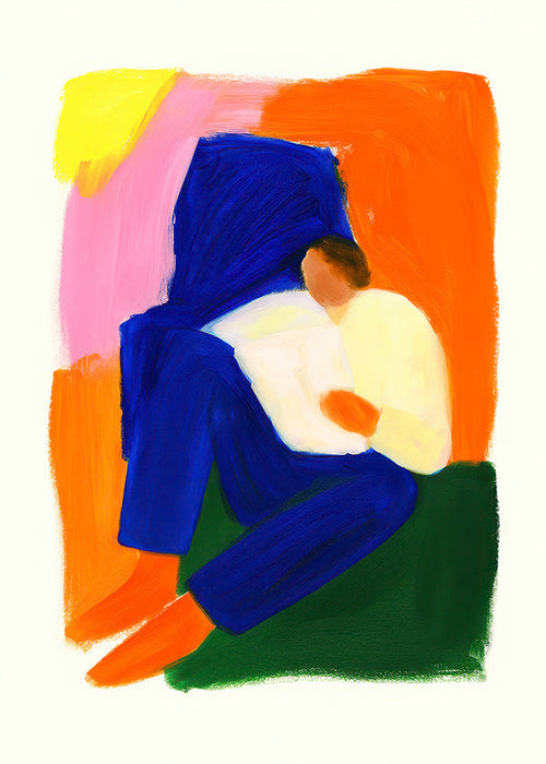 Ilustração de figura sentada em cores vibrantes
