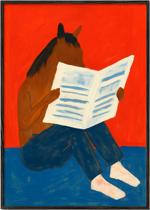 Quadro de cavalo lendo o jornal – Black Frame