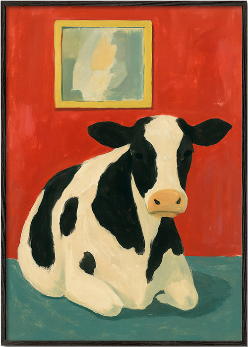 Quadro vaca descansando em fundo vermelho – Black Frame