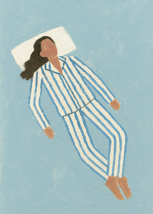 Ilustração mulher de pijama às riscas