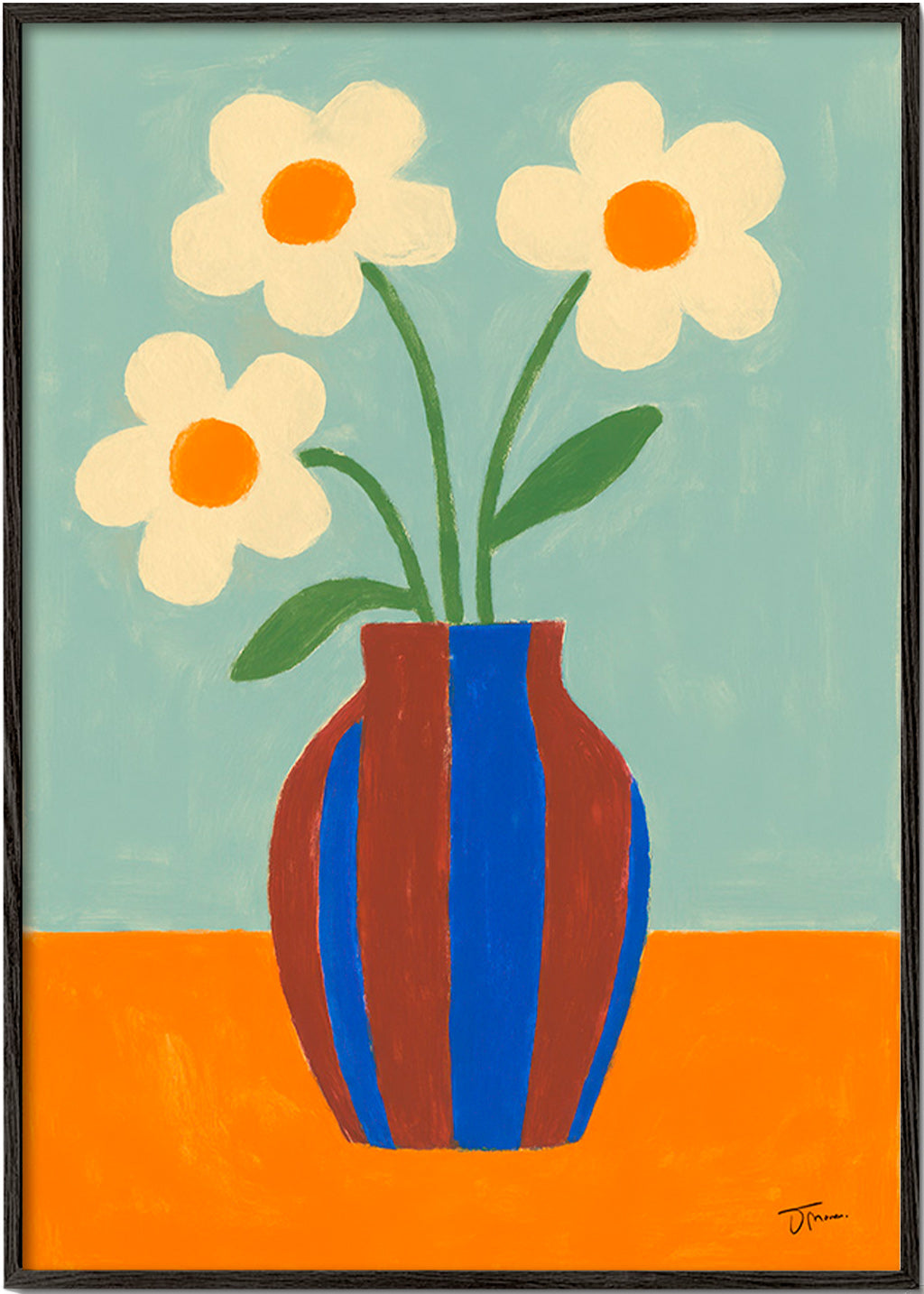 Estampa botânica vaso riscado com flores creme – Black Frame