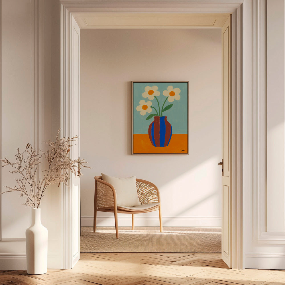 Estampa botânica vaso riscado com flores creme – Canvas1