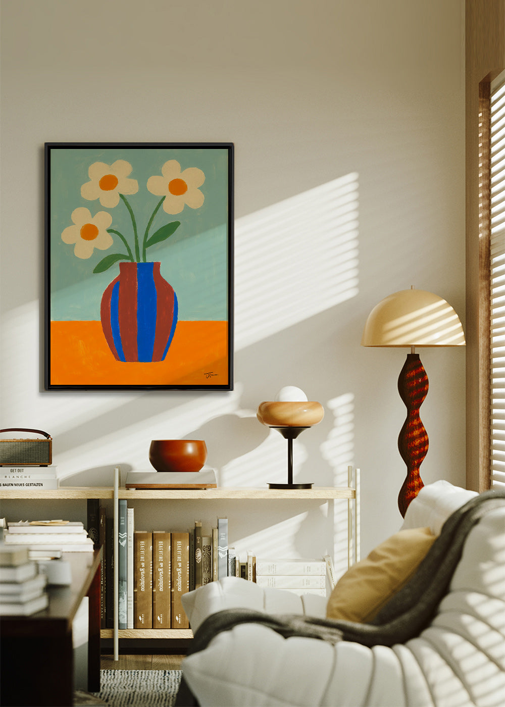 Estampa botânica vaso riscado com flores creme – Canvas2
