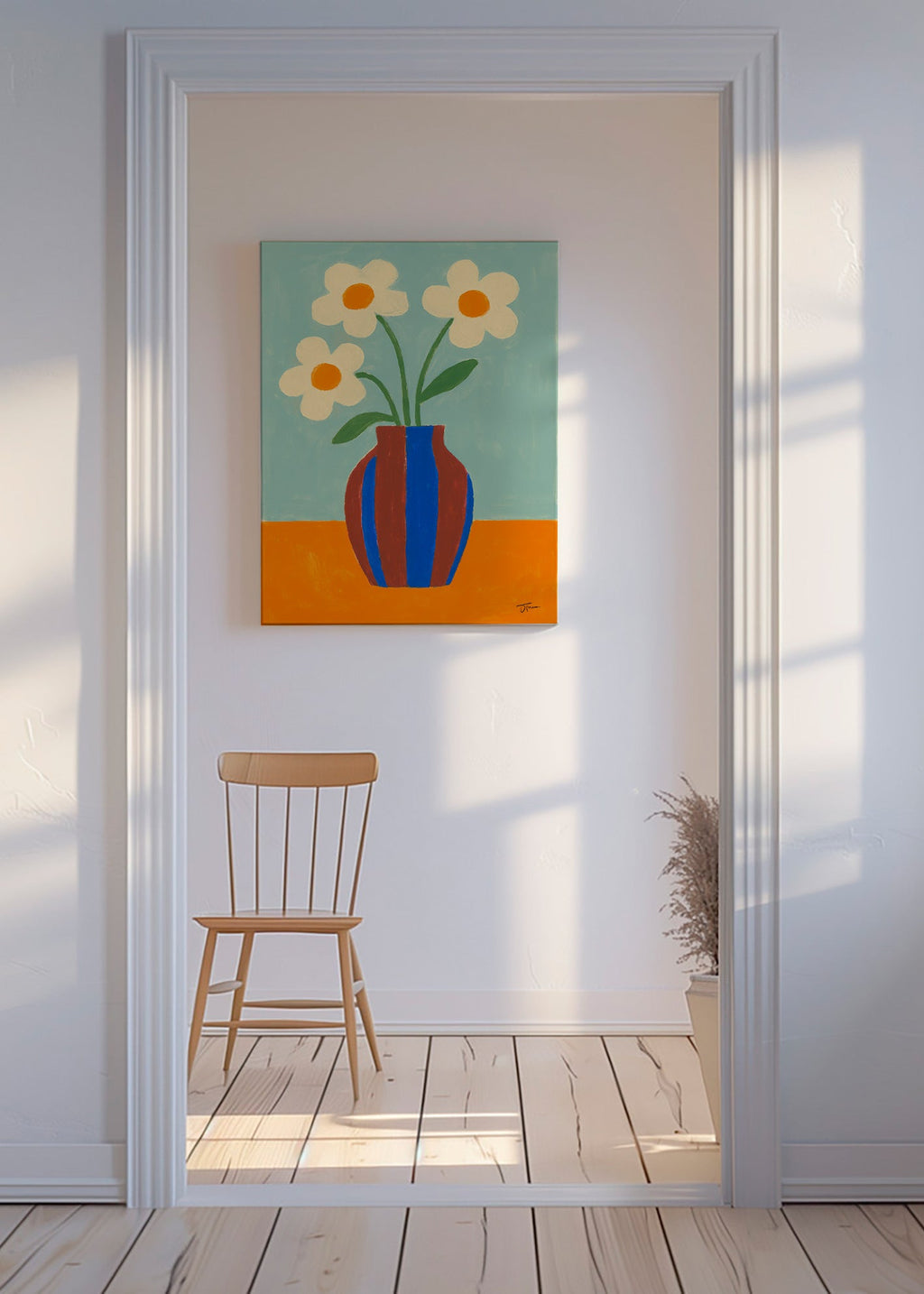 Estampa botânica vaso riscado com flores creme – Canvas