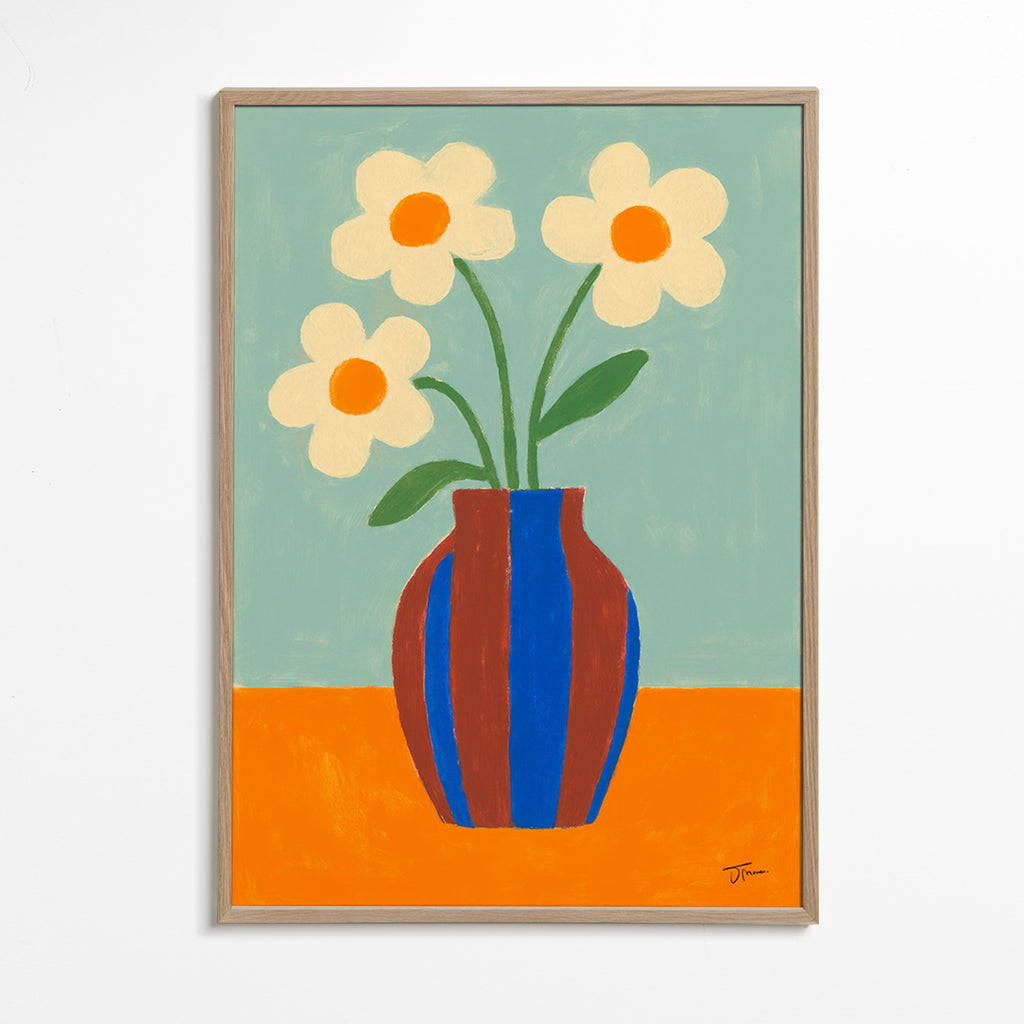 Estampa botânica vaso riscado com flores creme – Oak Frame
