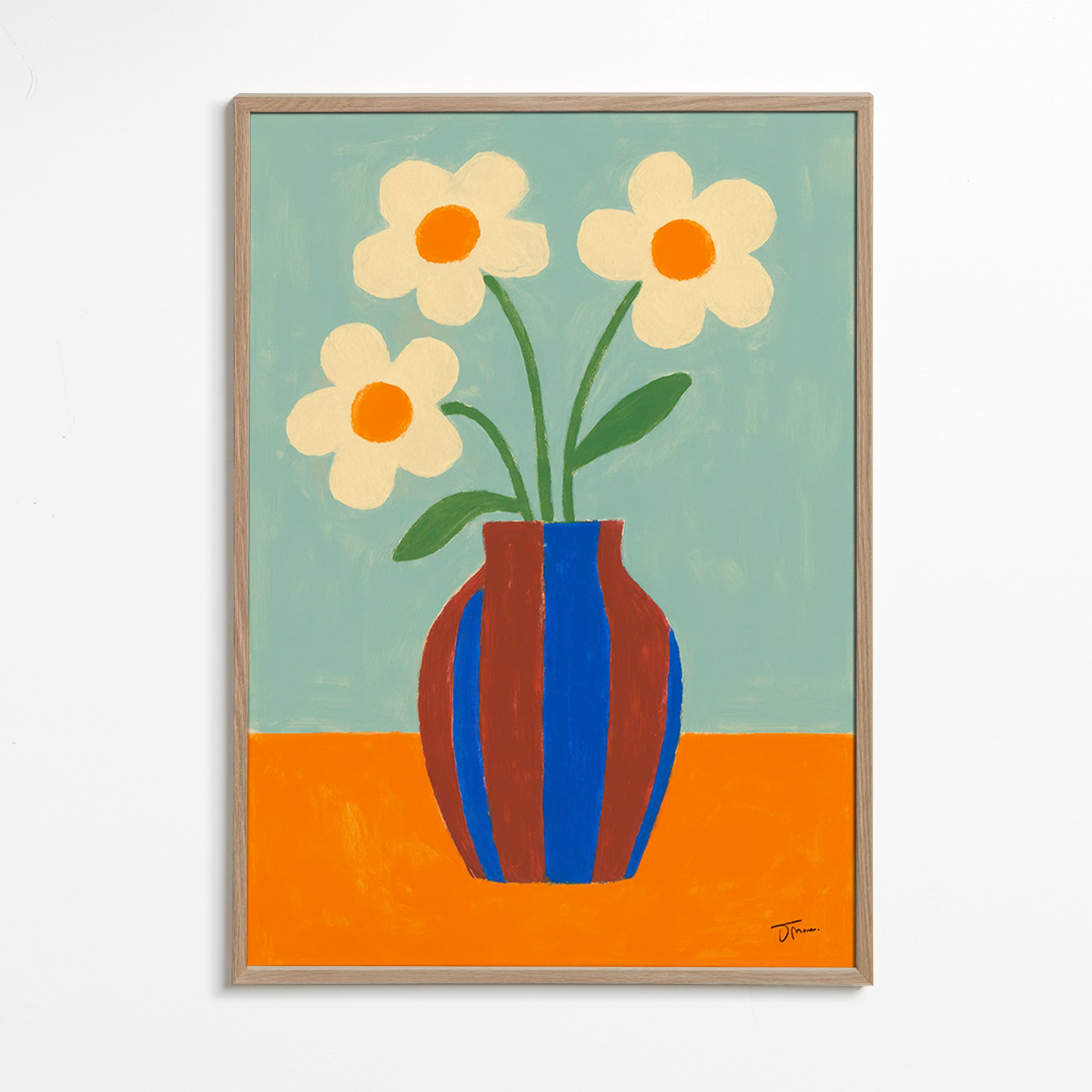 Estampa botânica vaso riscado com flores creme – Oak Frame