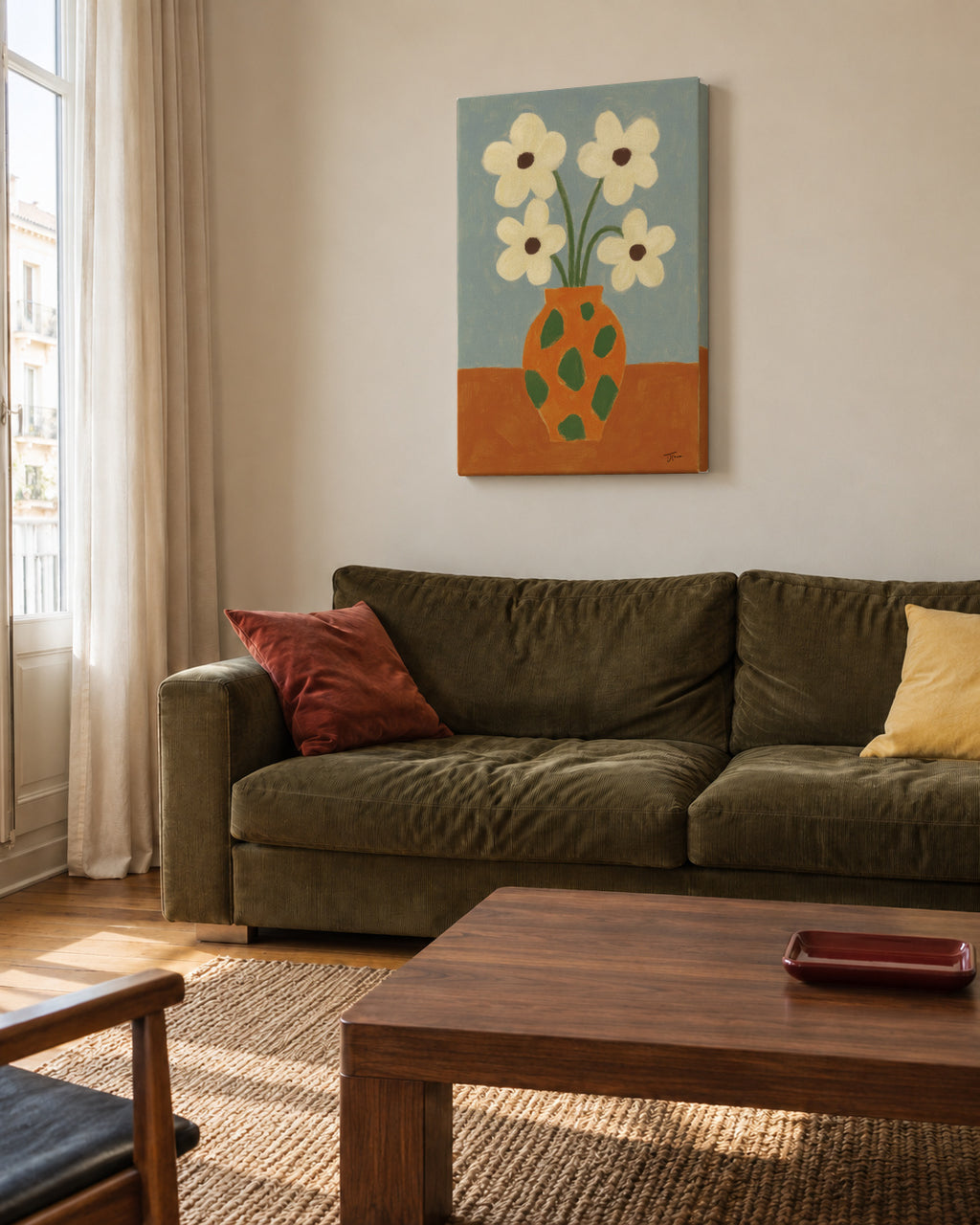Green Speckled Vase - Unframed canvas in an interior