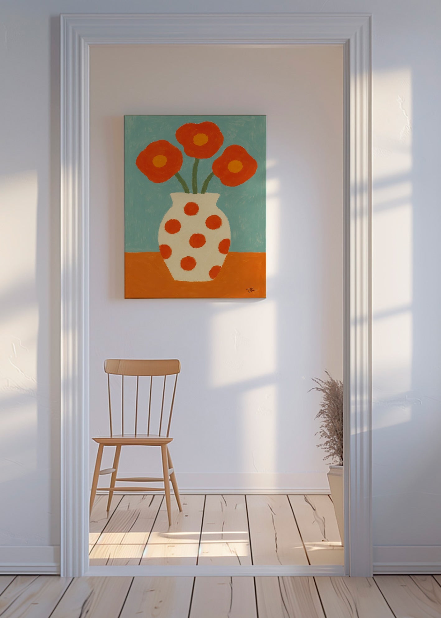 Estampa botânica com vaso de bolinhas vermelhas – Canvas