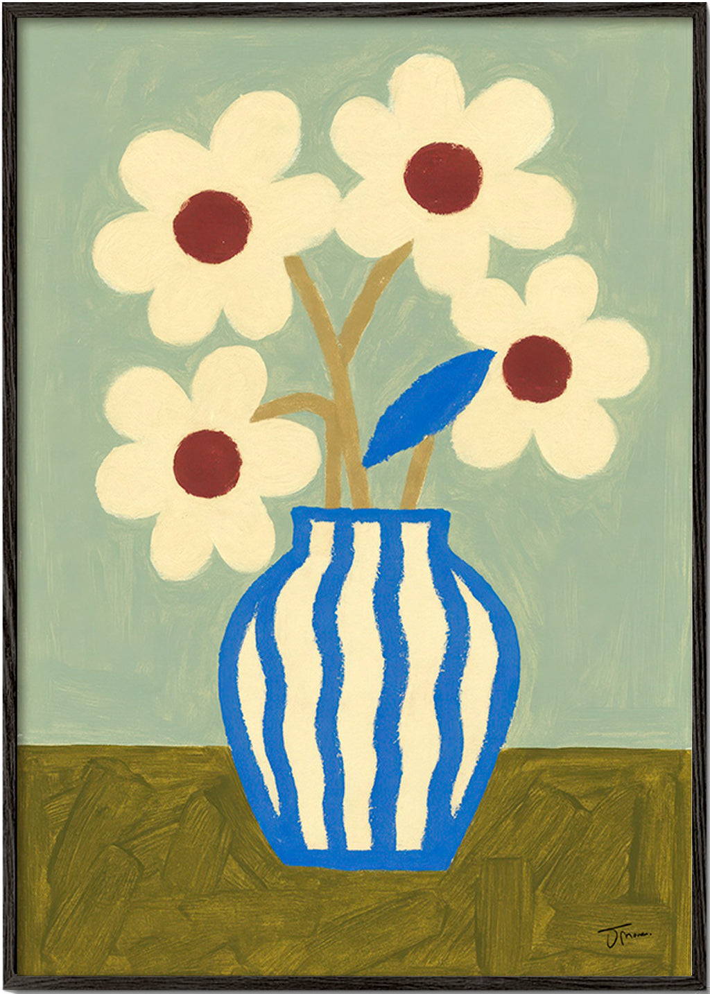 Estampa botânica vaso azul com flores estilizadas – Black Frame