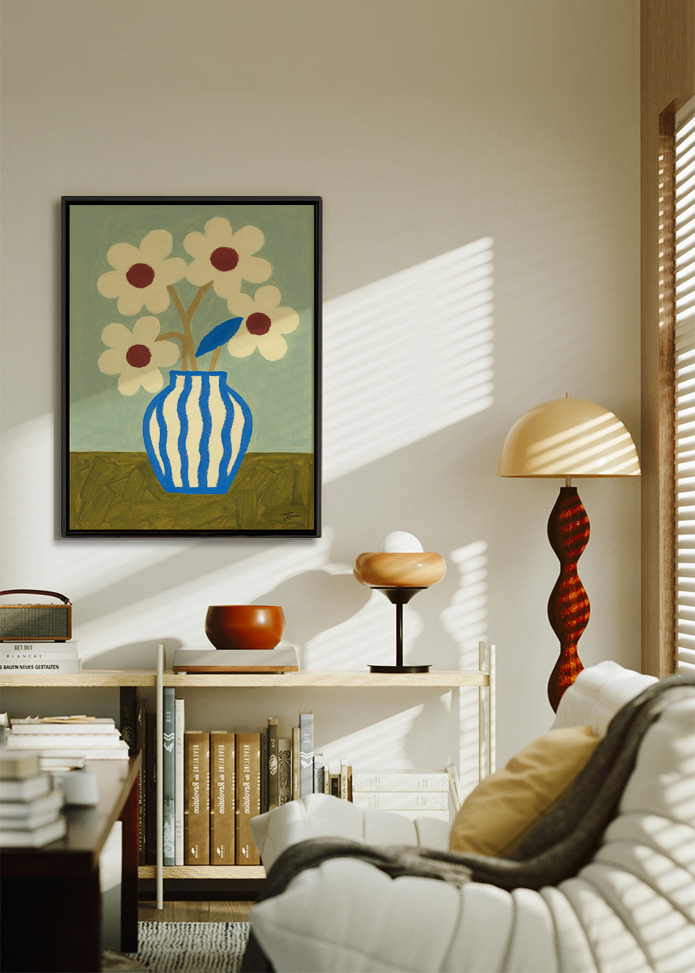 Estampa botânica vaso azul com flores estilizadas – Canvas1