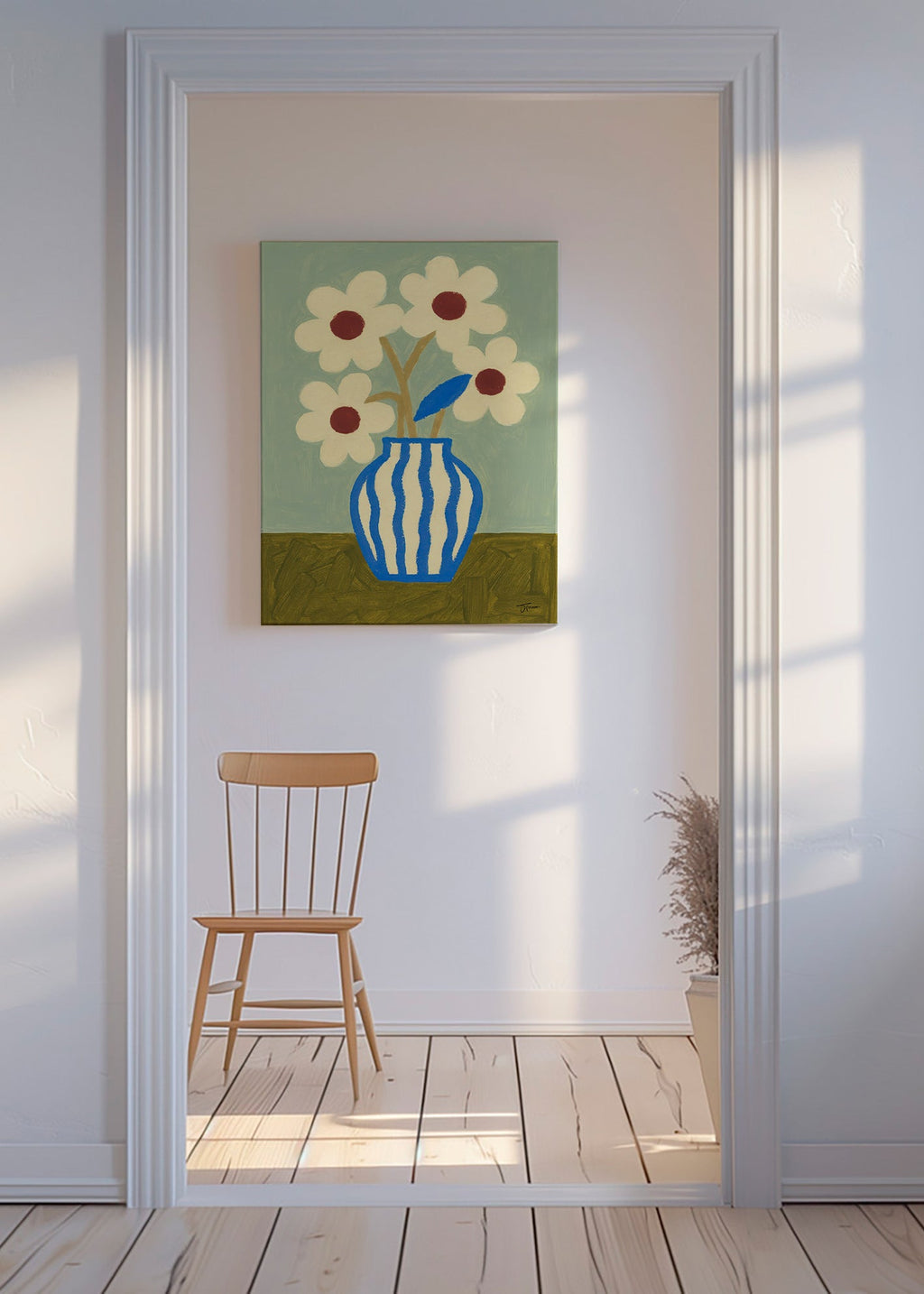 Estampa botânica vaso azul com flores estilizadas – Canvas