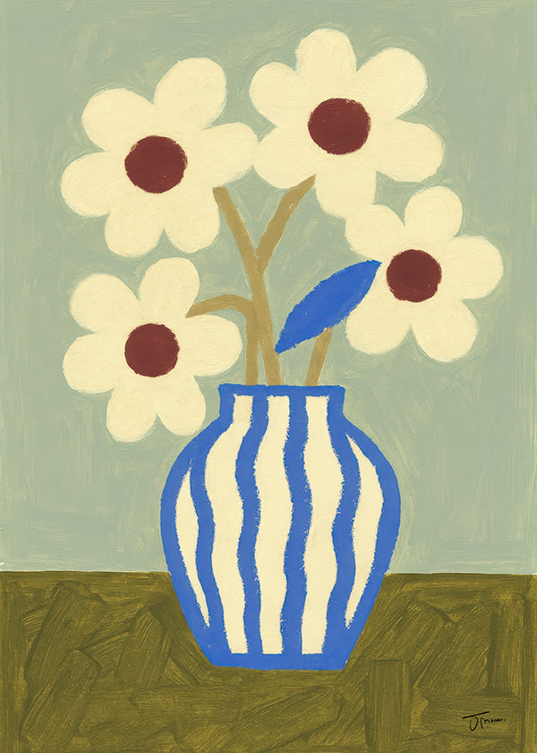Estampa botânica vaso azul com flores estilizadas