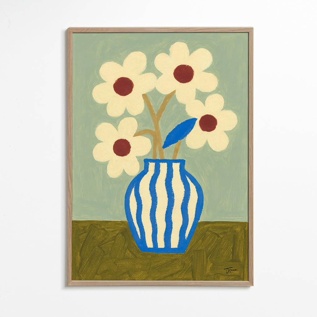 Estampa botânica vaso azul com flores estilizadas – Oak Frame