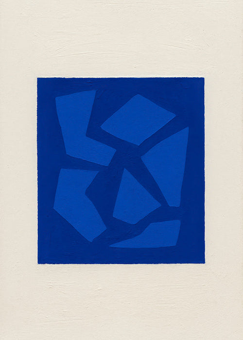 Obra abstrata azul com formas fragmentadas