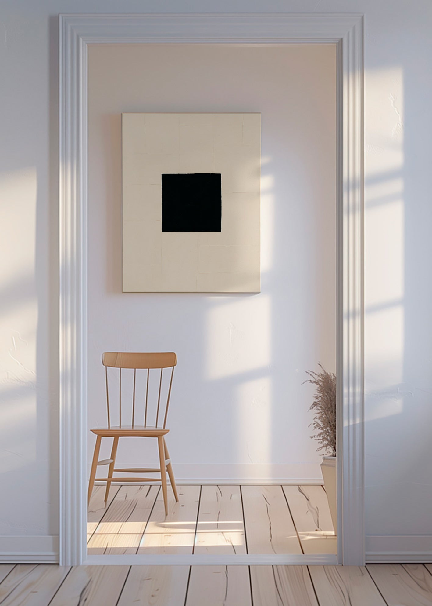 Quadro abstrato: quadrado preto sobre creme – Canvas