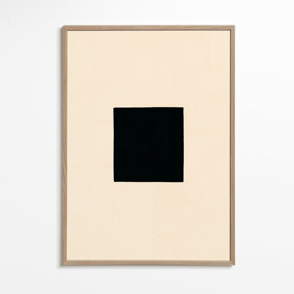 Quadro abstrato: quadrado preto sobre creme – Oak Frame