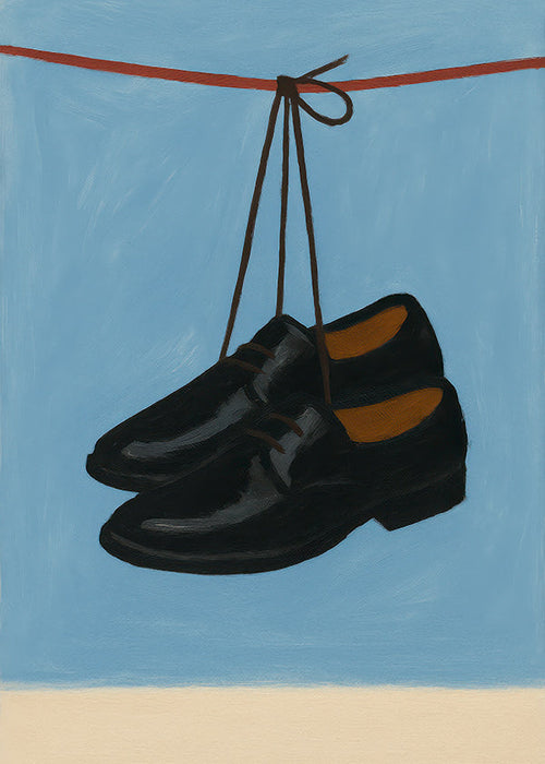 Ilustração de sapatos pendurados em fundo azul