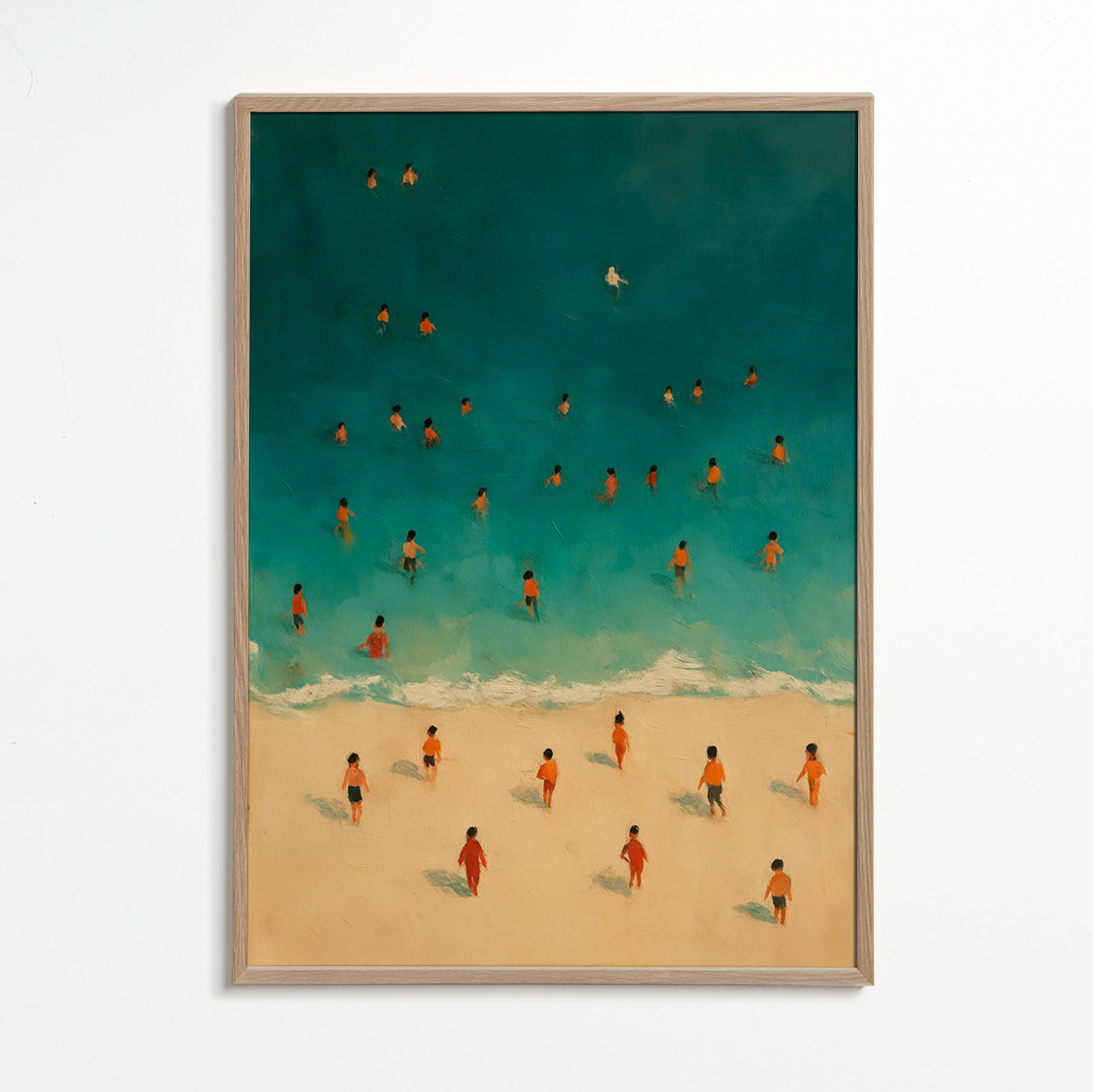Quadro de paisagem: praia vista aérea com banhistas – Oak Frame